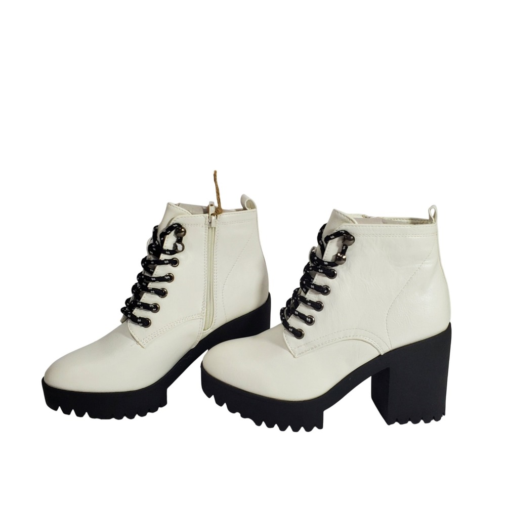 Seven7 White Chunky Lug Heel Ankle Boots with Black Sole
